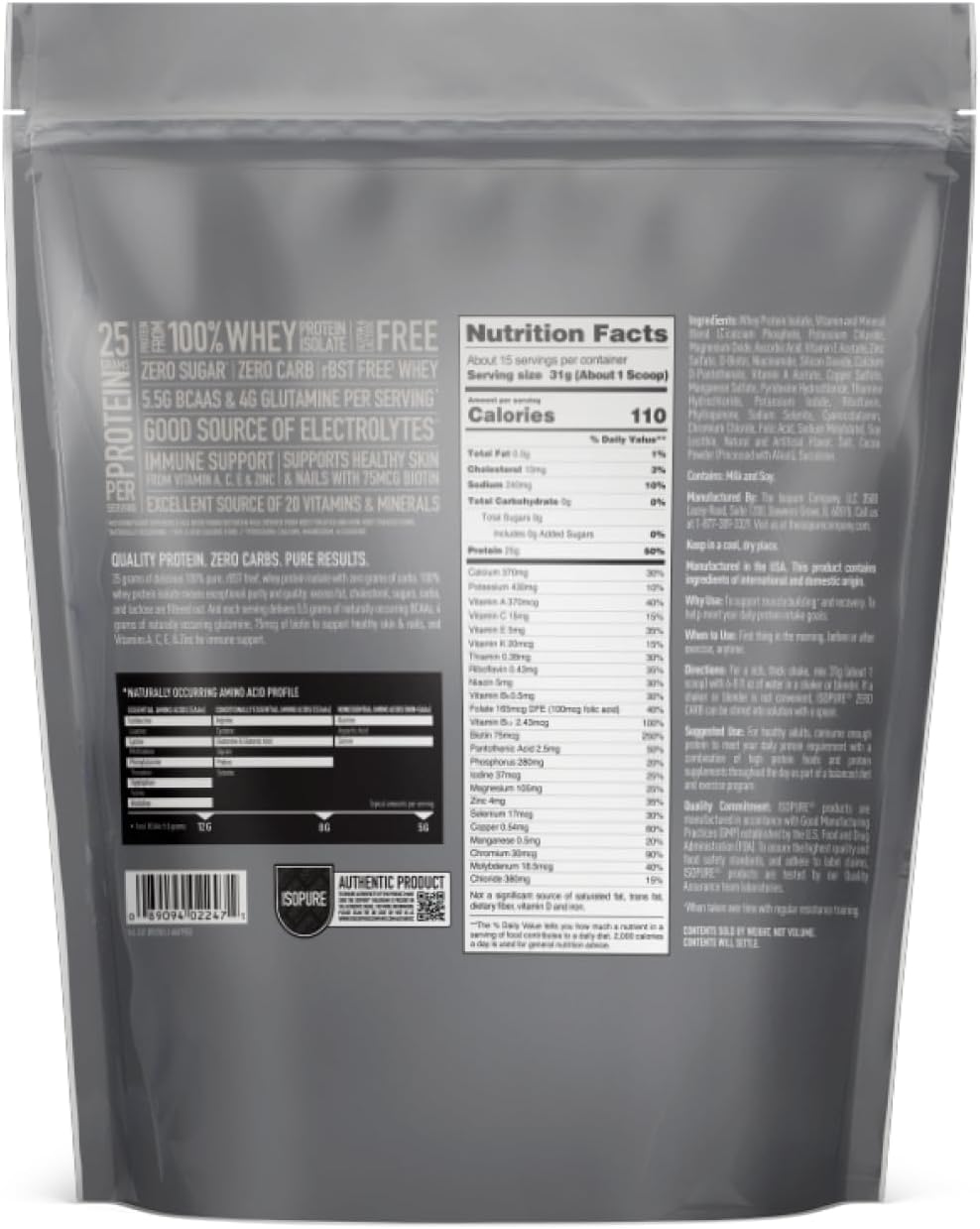 Isopure Zero Carb Whey Isolate Protein Powder, Cookies & Cream Flavor, 25g Protein, 1lb, 15 Servings, Lactose & Gluten Free