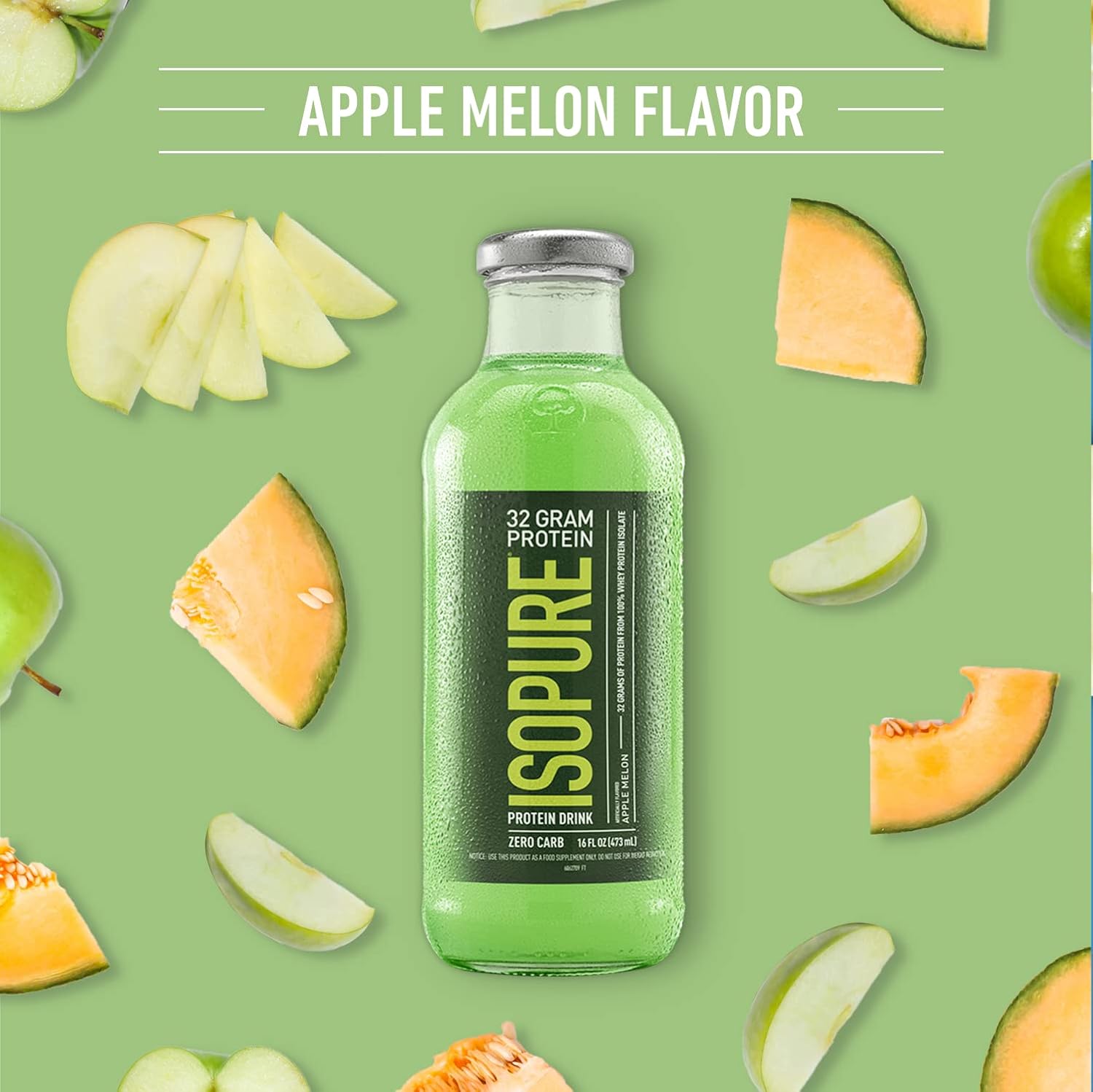Isopure Zero Carb Whey Protein Isolate Drink, Apple Melon Flavor, 32g Protein, 16 Fl Oz (12 Bottles)
