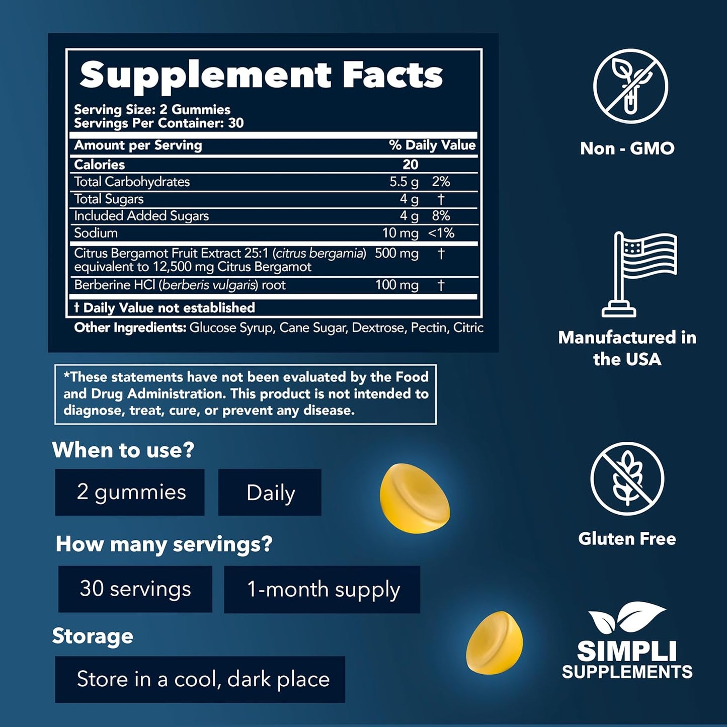 Italian Citrus Bergamot Gummies with Berberine for Heart Health - 60 Count - 500mg - Supports Healthy Cholesterol Levels