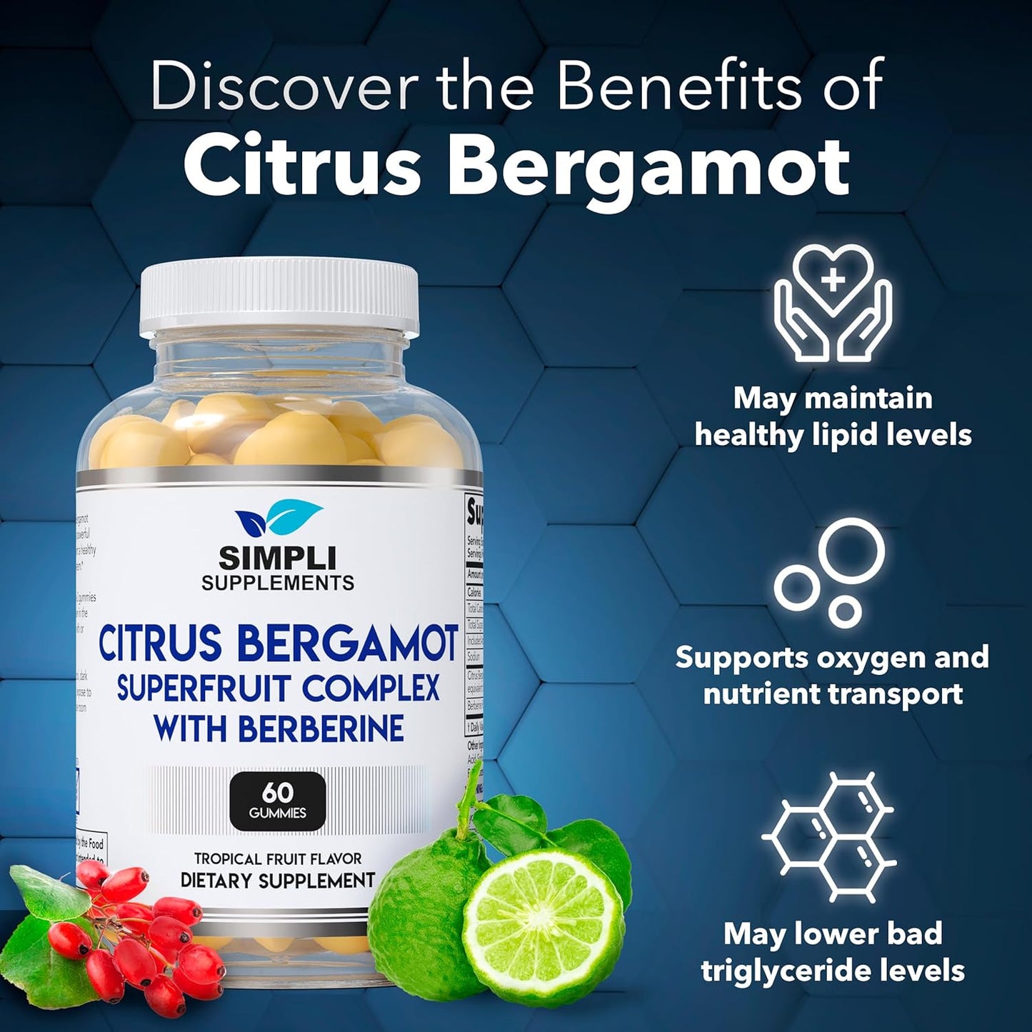 Italian Citrus Bergamot Gummies with Berberine for Heart Health - 60 Count - 500mg - Supports Healthy Cholesterol Levels