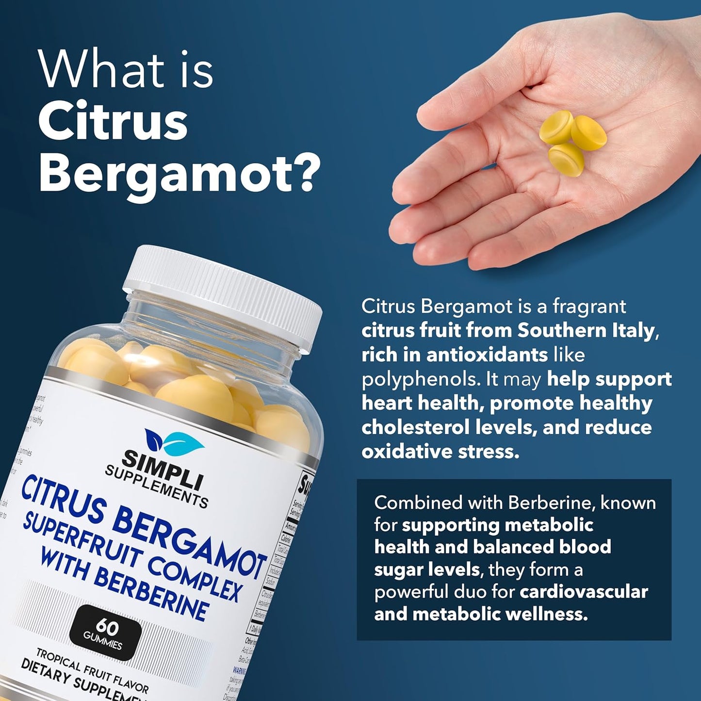 Italian Citrus Bergamot Gummies with Berberine for Heart Health - 60 Count - 500mg - Supports Healthy Cholesterol Levels
