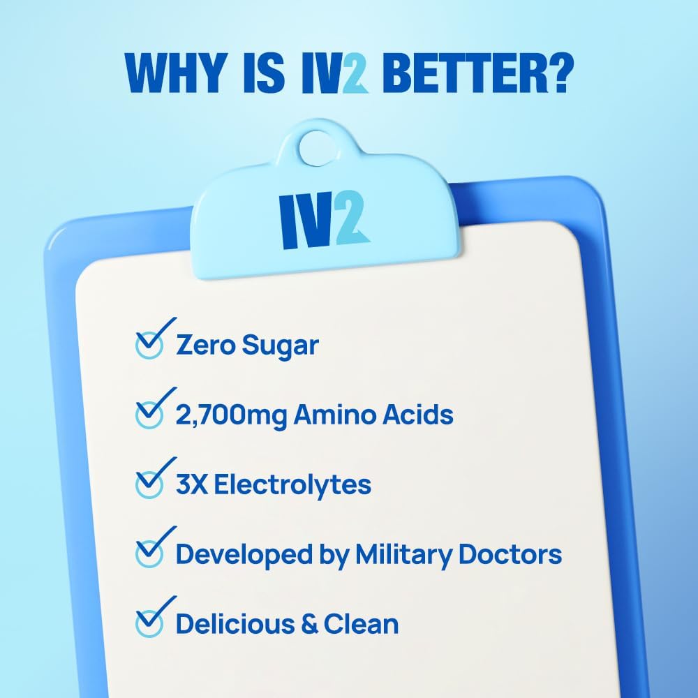 IV2 Premium Hydration Powder - Sugar-Free Electrolyte Mix with Amino Acids and Vitamins for Vegan & Gluten-Free Diets (40 Servings)
