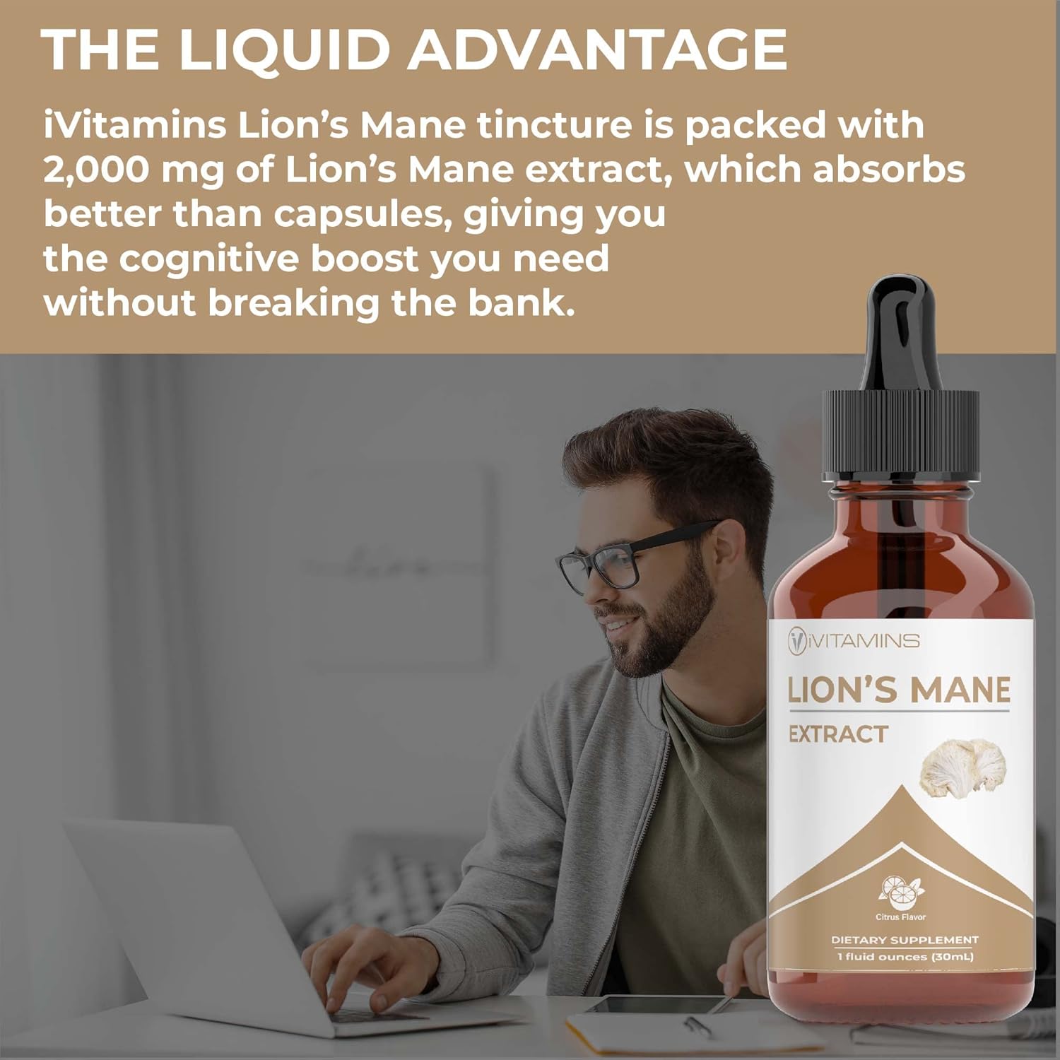 iVitamins Lions Mane Liquid Supplement for Memory, Focus & Clarity - Lion’s Mane Tincture - Nootropic Brain Support - 2 Pack