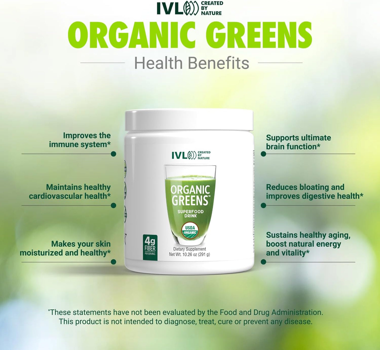 IVL Organic Greens Superfood Drink - Antioxidant and Micronutrient Rich - Supports Immune System and Digestive Health - Great Taste - 30 Servings