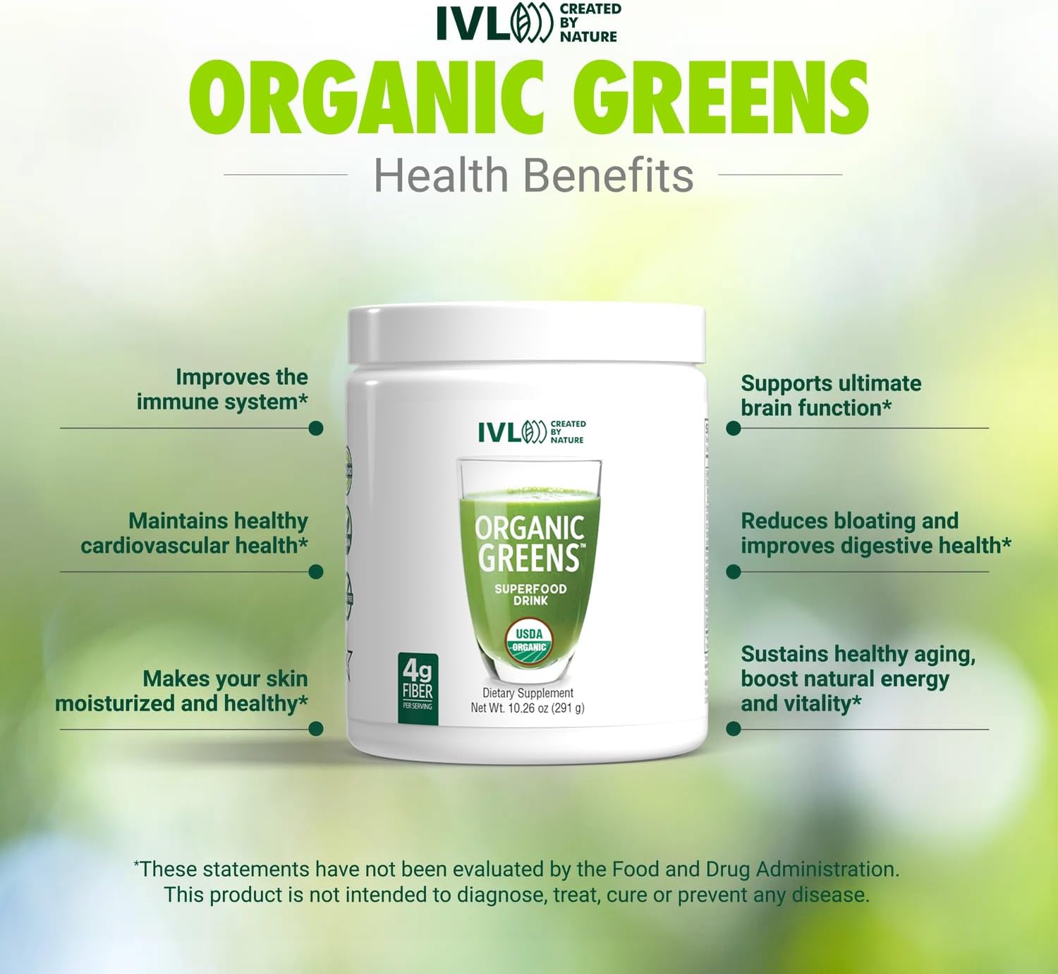 IVL Organic Greens Superfood Drink - Antioxidant and Micronutrient Rich - Supports Immune System and Digestive Health - Great Taste - 30 Servings