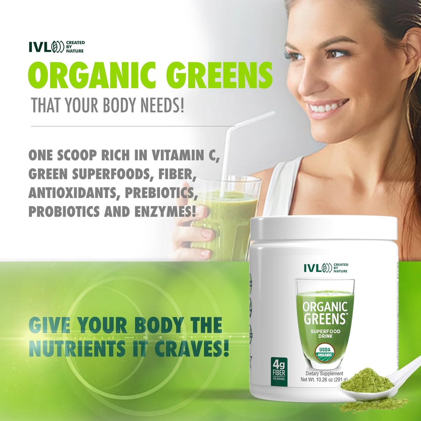 IVL Organic Greens Superfood Drink - Antioxidant and Micronutrient Rich - Supports Immune System and Digestive Health - Great Taste - 30 Servings