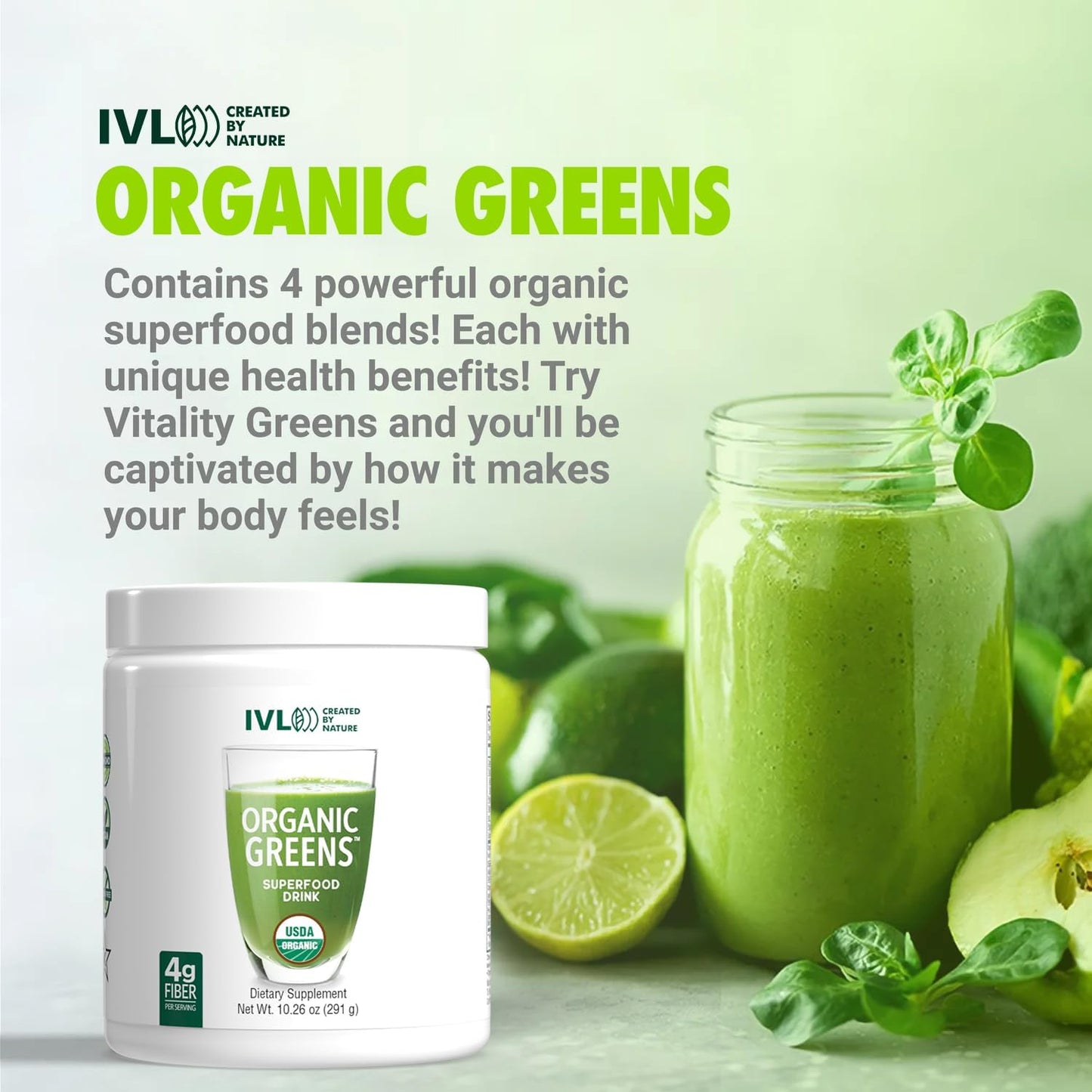 IVL Organic Greens Superfood Drink - Antioxidant and Micronutrient Rich - Supports Immune System and Digestive Health - Great Taste - 30 Servings