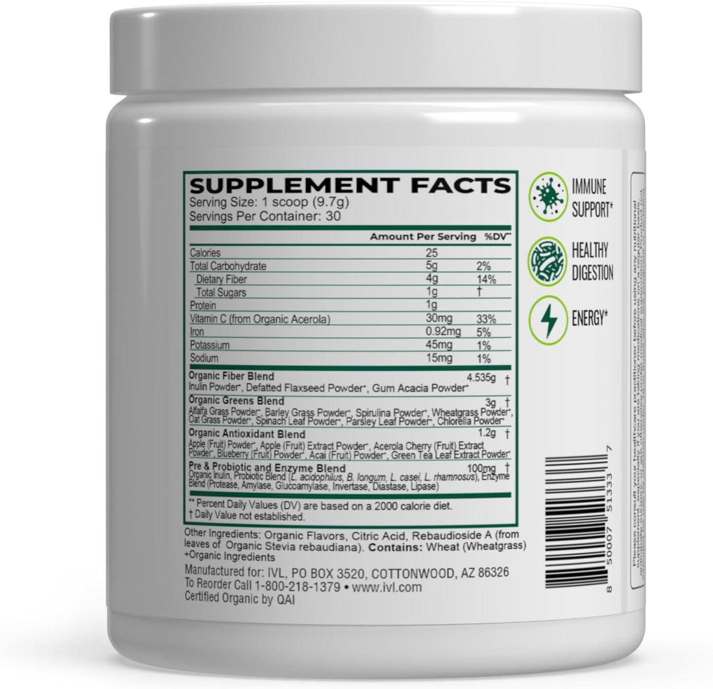 IVL Organic Greens Superfood Drink - Antioxidant and Micronutrient Rich - Supports Immune System and Digestive Health - Great Taste - 30 Servings