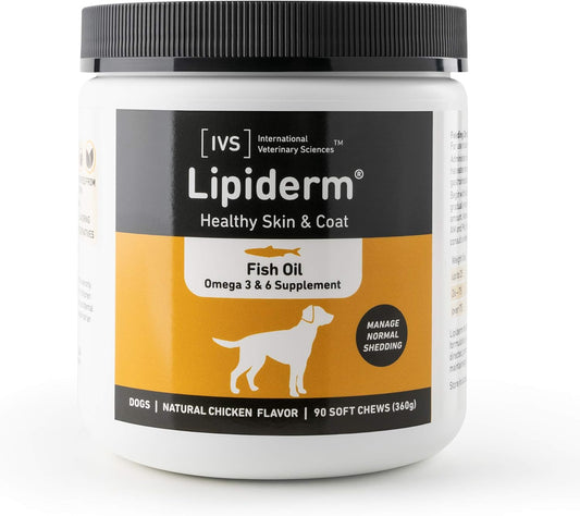 IVS Lipiderm Skin and Coat Fish Oil Omega 3 & 6 Supplement for Dogs - Made in USA - Soft Chews, 90 Count