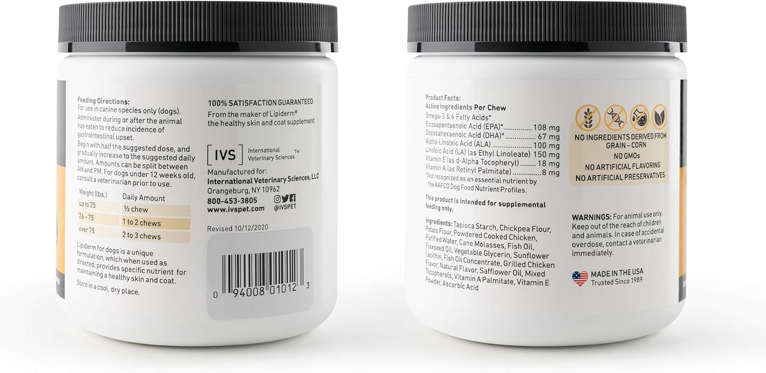 IVS Lipiderm Skin and Coat Fish Oil Omega 3 & 6 Supplement for Dogs - Made in USA - Soft Chews, 90 Count