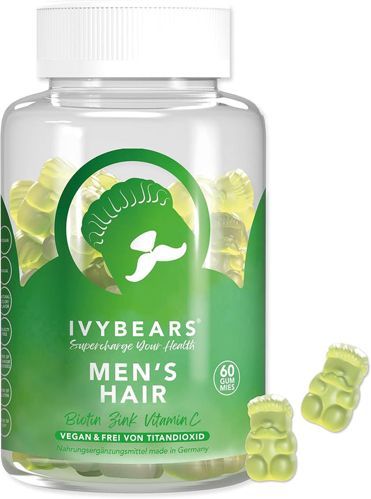 IvyBears Men’s Hair Vitamins Gummies with Biotin, Folic Acid, & Zinc for Nourishing Hair, Skin & Nails - Vegan Salon-Quality Care