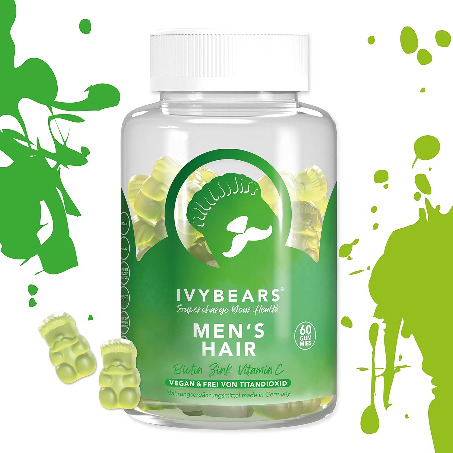 IvyBears Men’s Hair Vitamins Gummies with Biotin, Folic Acid, & Zinc for Nourishing Hair, Skin & Nails - Vegan Salon-Quality Care