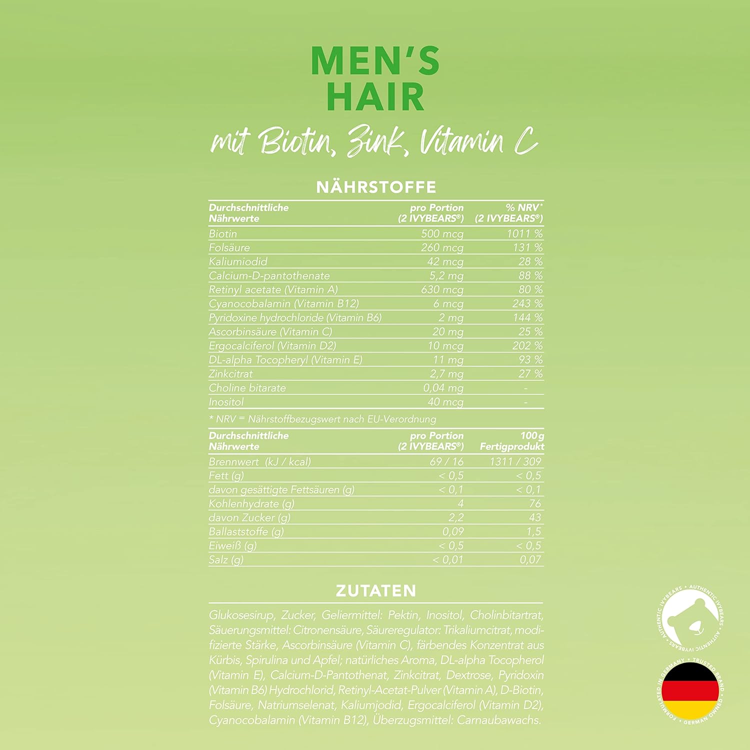 IvyBears Men’s Hair Vitamins Gummies with Biotin, Folic Acid, & Zinc for Nourishing Hair, Skin & Nails - Vegan Salon-Quality Care