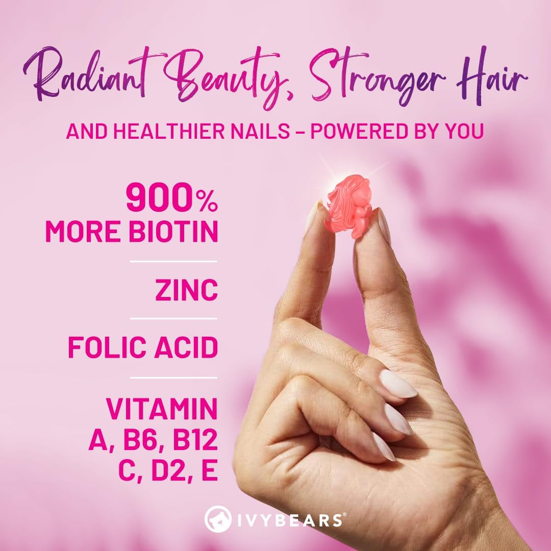 IvyBears Women's Hair Growth Gummies with 150,000mcg BIOTIN - Salon-Quality Results at Home - Hair Skin and Nails Vitamins - 60 Count