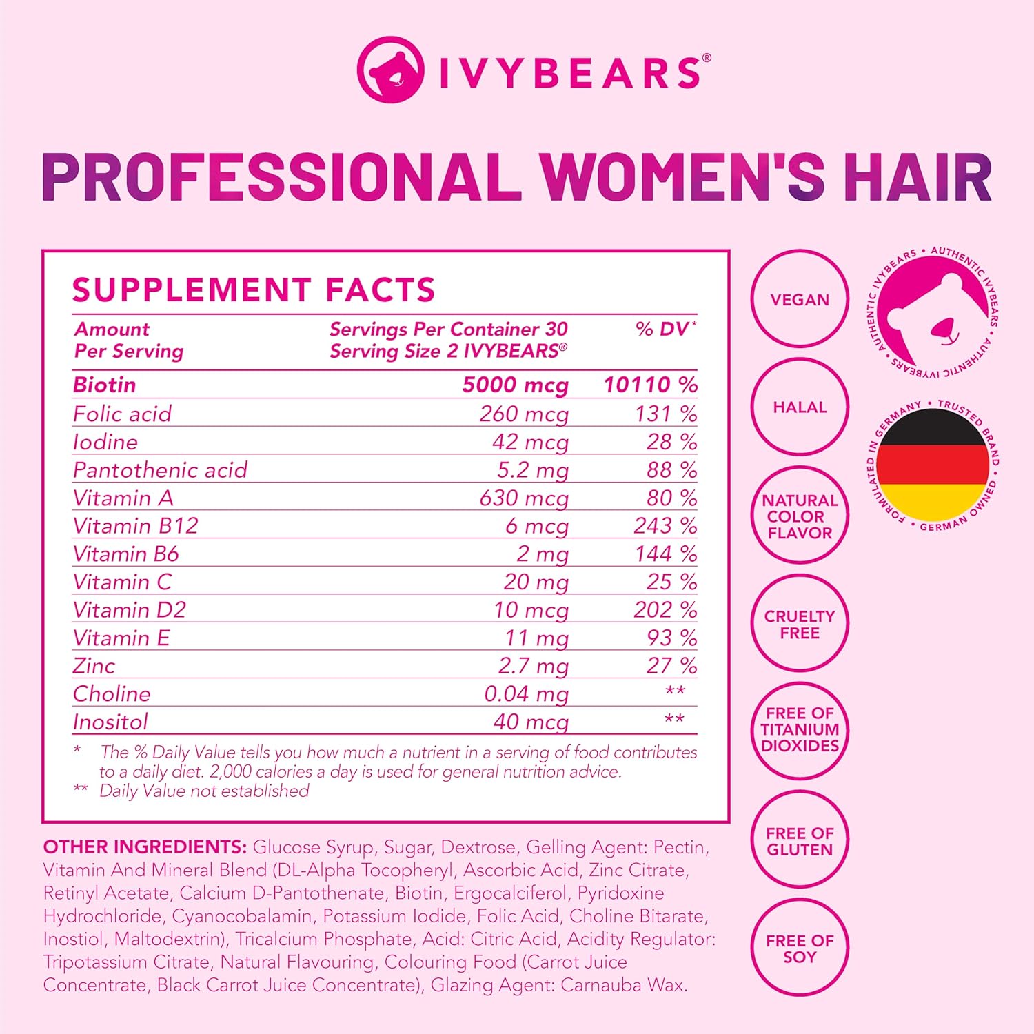IvyBears Women's Hair Growth Gummies with 150,000mcg BIOTIN - Salon-Quality Results at Home - Hair Skin and Nails Vitamins - 60 Count