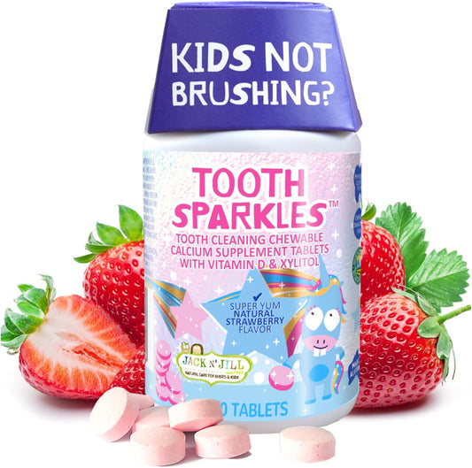 Jack N' Jill Tooth Sparkles - Calcium Chews for Teeth & Bone Health, Natural Strawberry Flavor, Xylitol, Vitamin D, Calcium, 60 Tablets