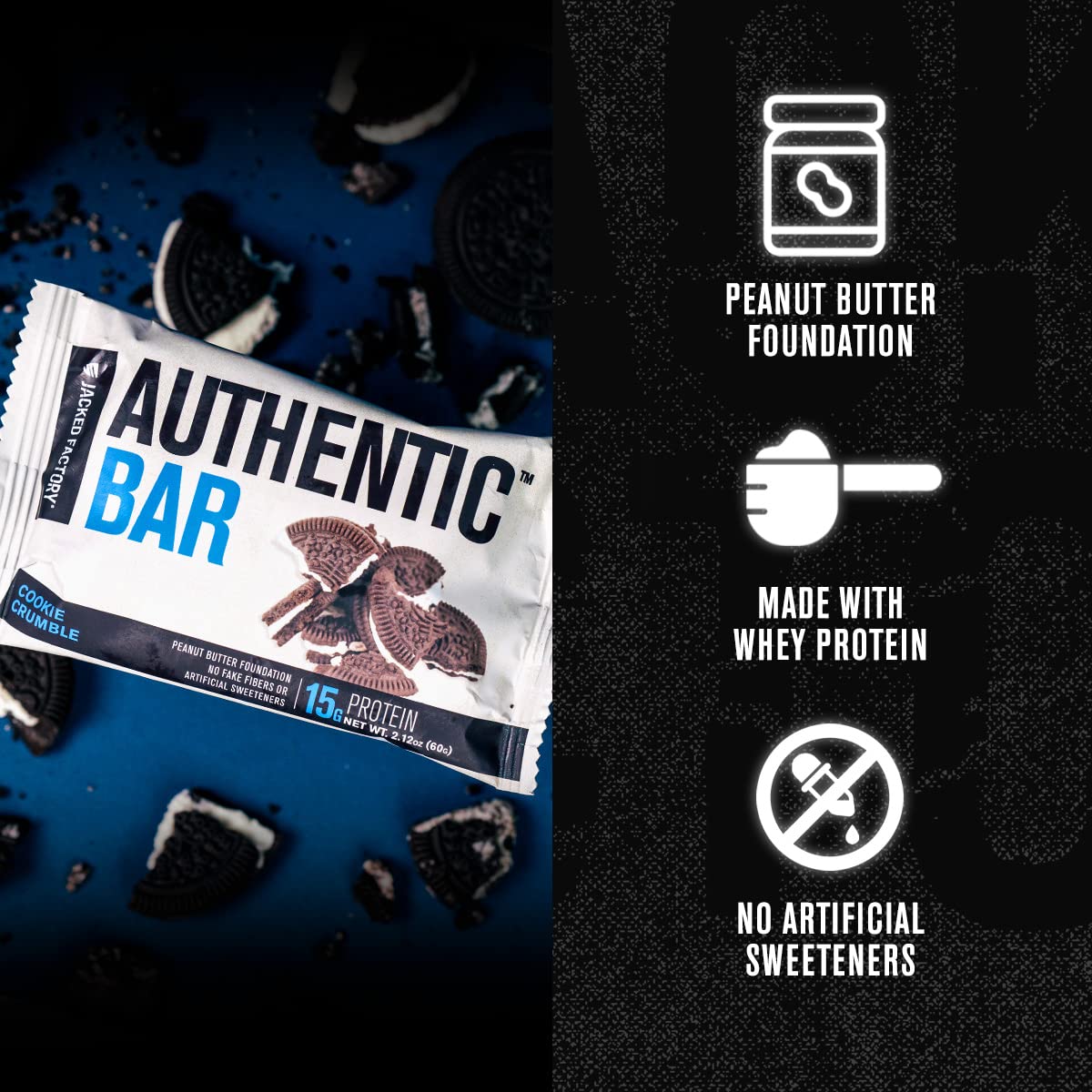 Jacked Factory Cookie Crumble Protein Bars - Delicious Meal Replacement Bars with 15g Whey Protein, Natural Honey, and Peanut Butter - 12 Pack - BoostGo Australia