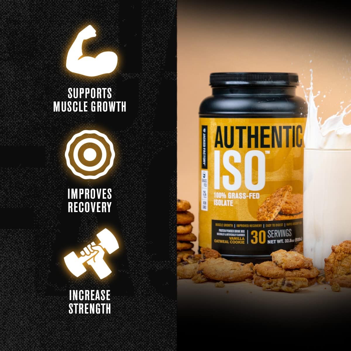 Jacked Factory Grass Fed Whey Protein Isolate Powder - Low Carb, Non-GMO Muscle Building Protein with No Fillers - Cookies & Cream and Vanilla Oatmeal Cookie Flavors - 30 Servings