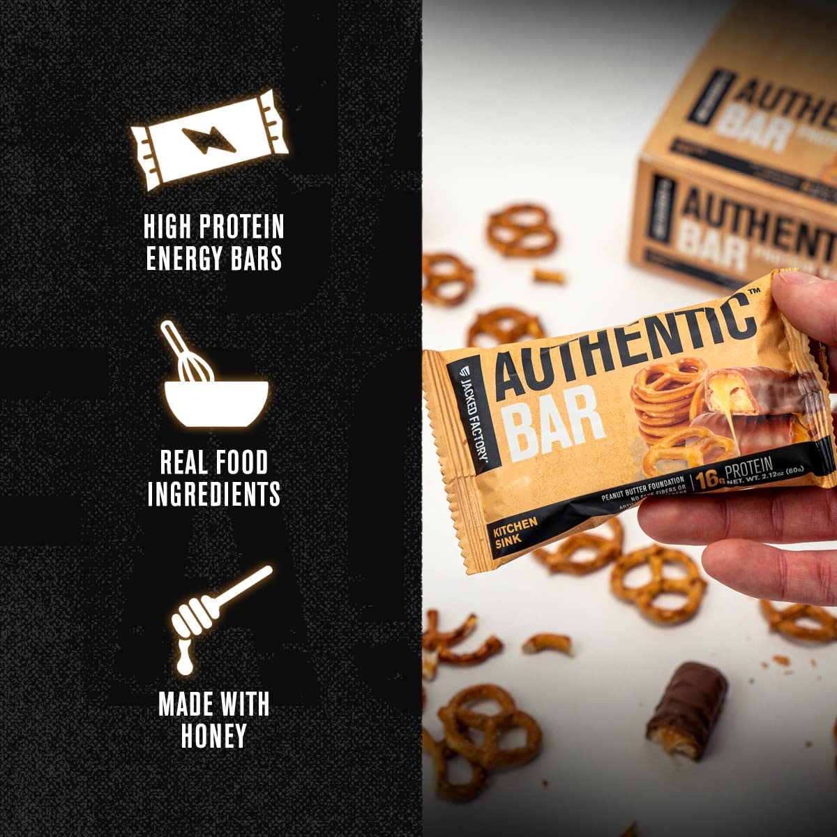 Jacked Factory Kitchen Sink Protein Bars - 16g Whey Isolate, Natural Honey Sweetened, Peanut Butter Base | 12 Pack - BoostGo Australia