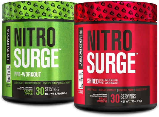 Jacked Factory Nitrosurge Shred Pre-Workout Combo in Green Apple & Fruit Punch - Thermogenic Energy Supplement for Men & Women - BoostGo Australia