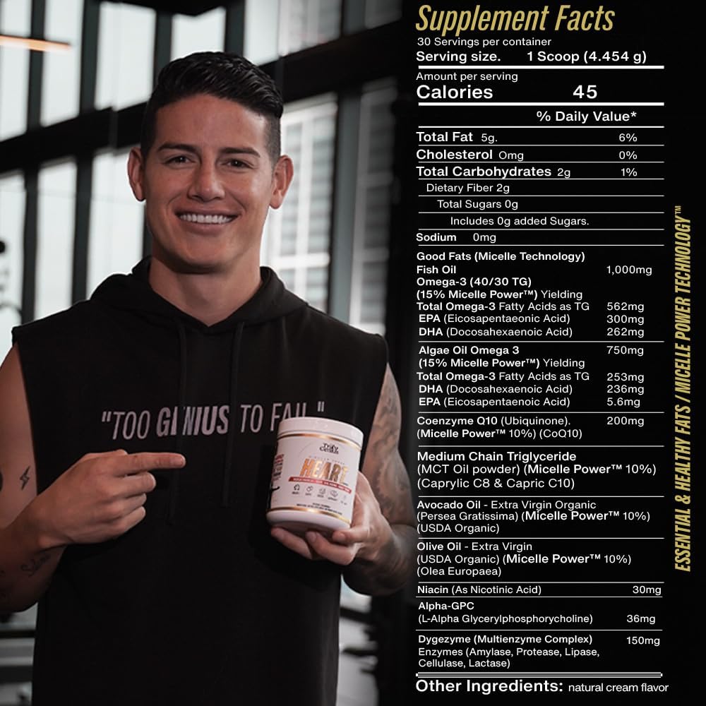 James Rodriguez Genius Heart Omega 3 Powder - Fish Oil Supplement with CoQ10, MCT Oil, DHA - Supports Heart and Muscle Health - 30 Servings