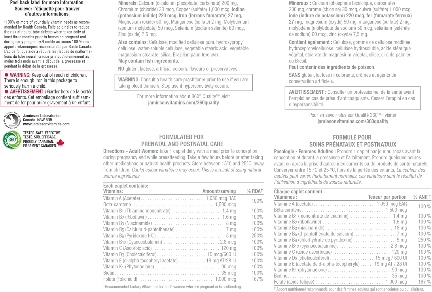 Jamieson 100 Caplets Prenatal Multivitamin Supplement for Expectant Mothers