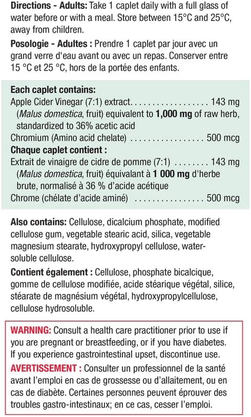 Jamieson Apple Cider Vinegar & Chromium Supplement, 120 Caplets for Weight Management