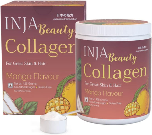 Japanese Formulated INJA Wellness Beauty Marine Collagen Supplement with Vitamin C for Healthy Joints, Muscles, Skin & Hair - 125gm Mango Flavor, Sugar & Gluten Free - Men & Women