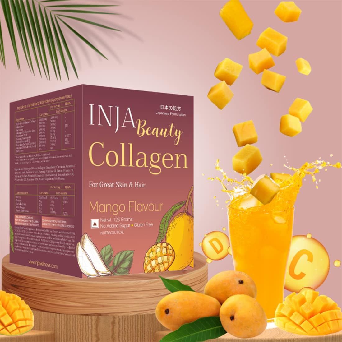Japanese Formulated INJA Wellness Beauty Marine Collagen Supplement with Vitamin C for Healthy Joints, Muscles, Skin & Hair - 125gm Mango Flavor, Sugar & Gluten Free - Men & Women