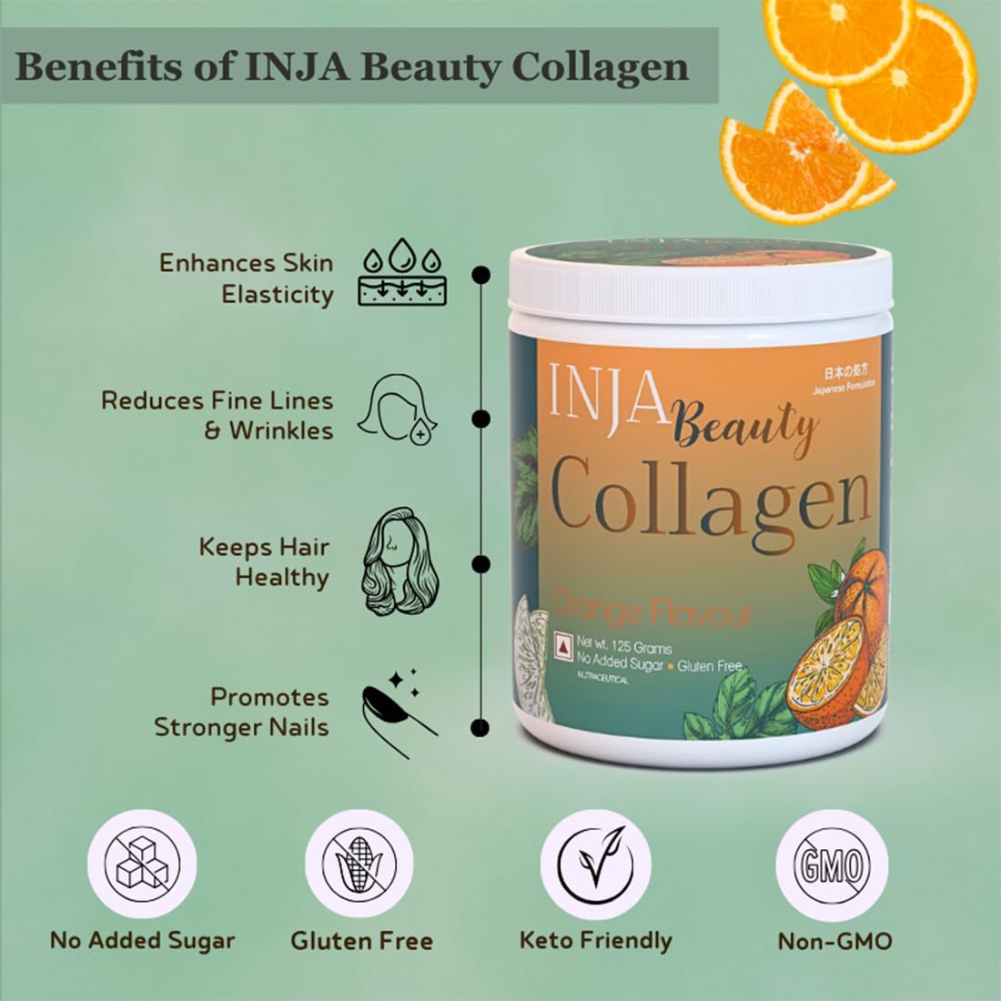 Japanese Formulated INJA Wellness Marine Collagen Powder with Vitamin C, Orange Flavor - 125g for Skin and Hair, Sugar-Free & Gluten-Free