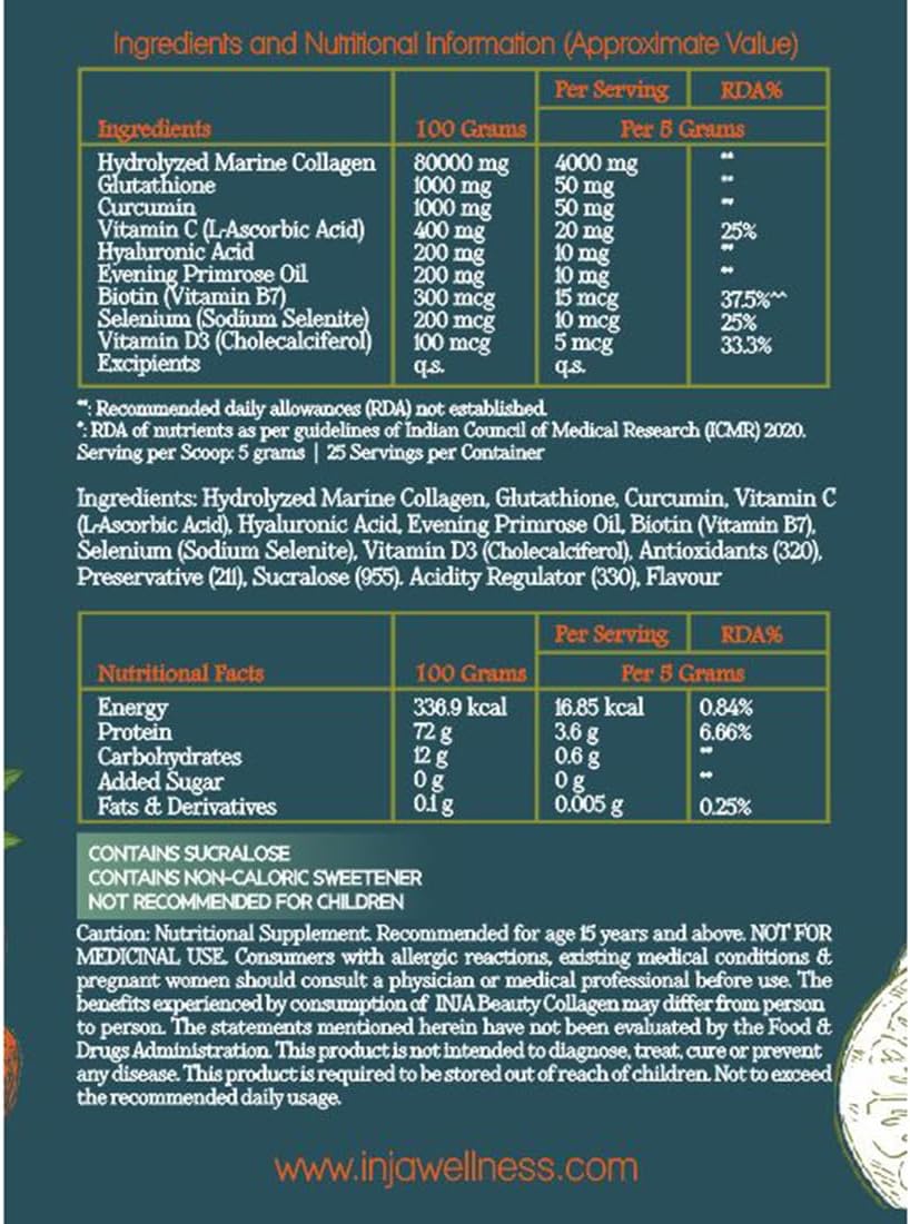 Japanese Formulated INJA Wellness Marine Collagen Powder with Vitamin C, Orange Flavor - 125g for Skin and Hair, Sugar-Free & Gluten-Free