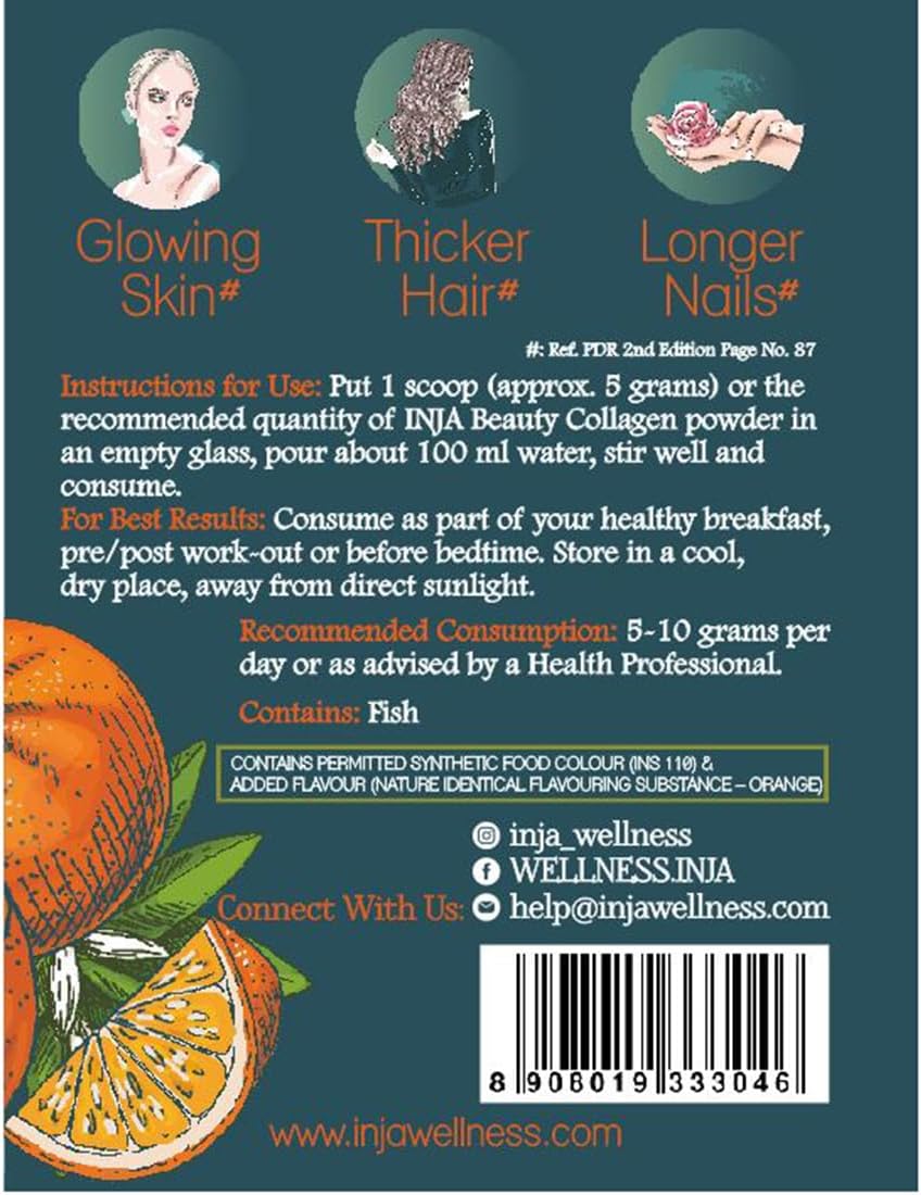 Japanese Formulated INJA Wellness Marine Collagen Powder with Vitamin C, Orange Flavor - 125g for Skin and Hair, Sugar-Free & Gluten-Free