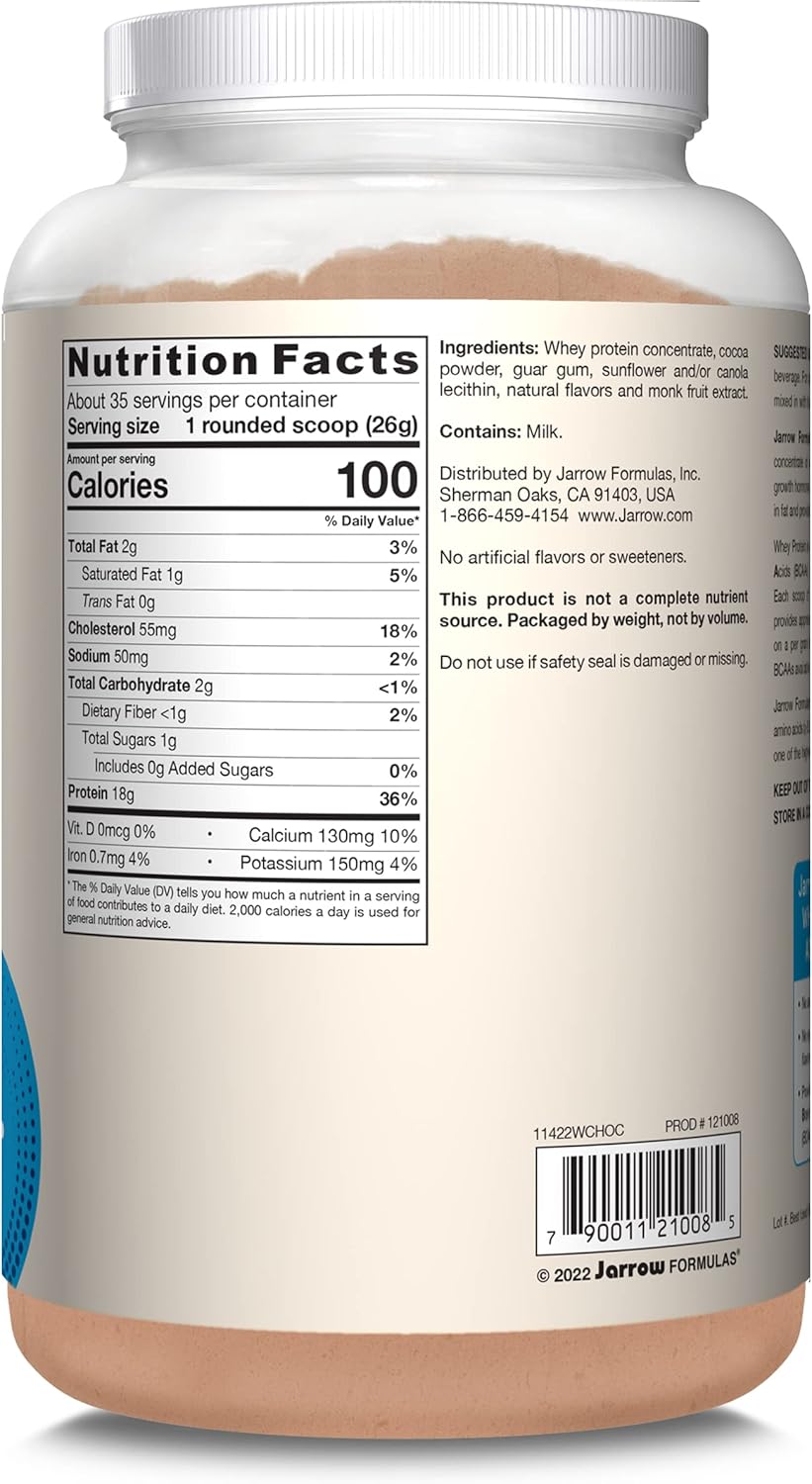 Jarrow Formulas Chocolate Whey Protein Powder - 32 oz, 18g Protein, 3.8g BCAAs, Glutamine - Muscle Recovery Support Supplement