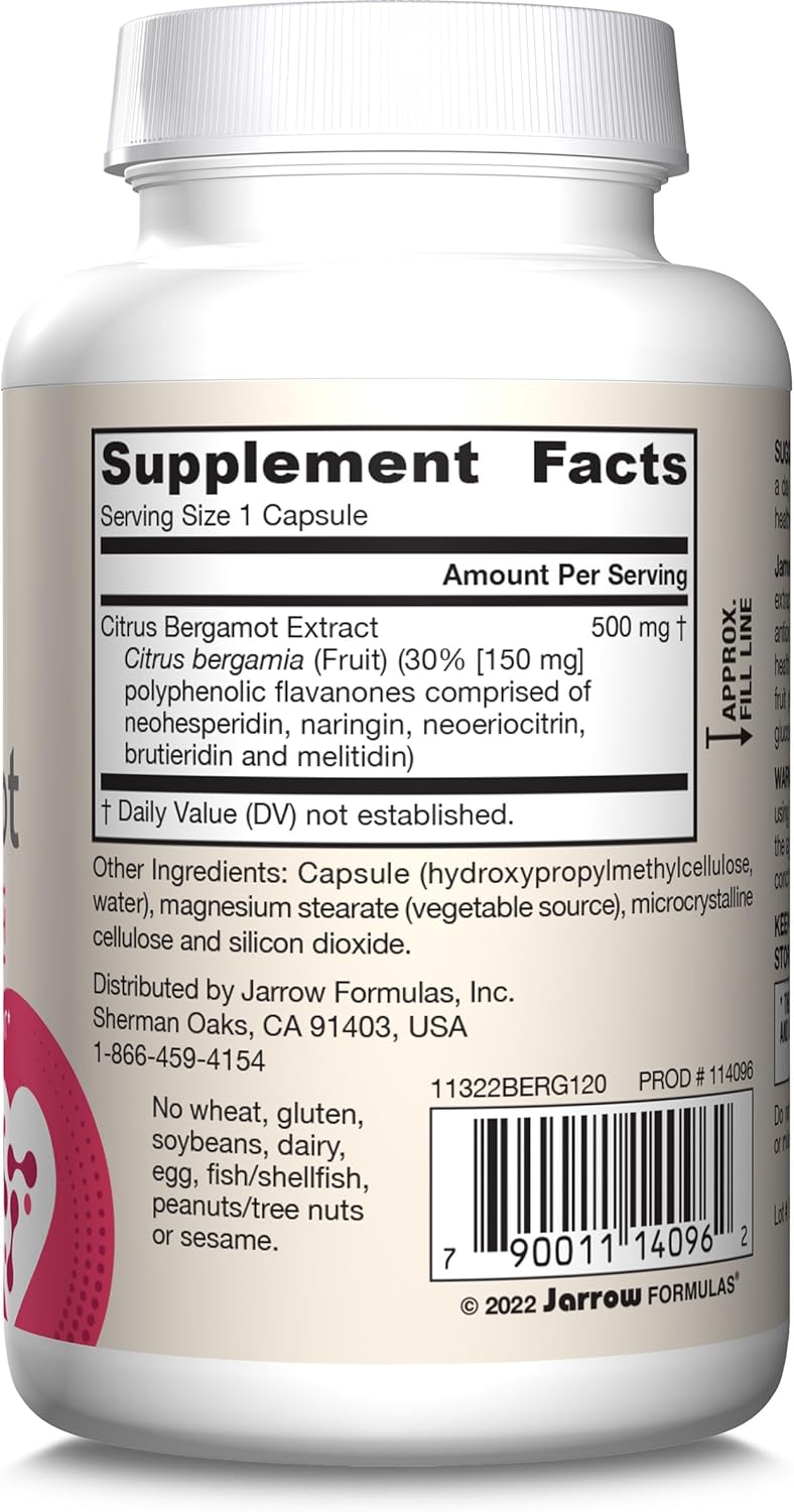 Jarrow Formulas Citrus Bergamot 500mg Veggie Capsules - Antioxidant Support for Heart & Metabolic Health - Gluten Free Dietary Supplement - 120 Servings