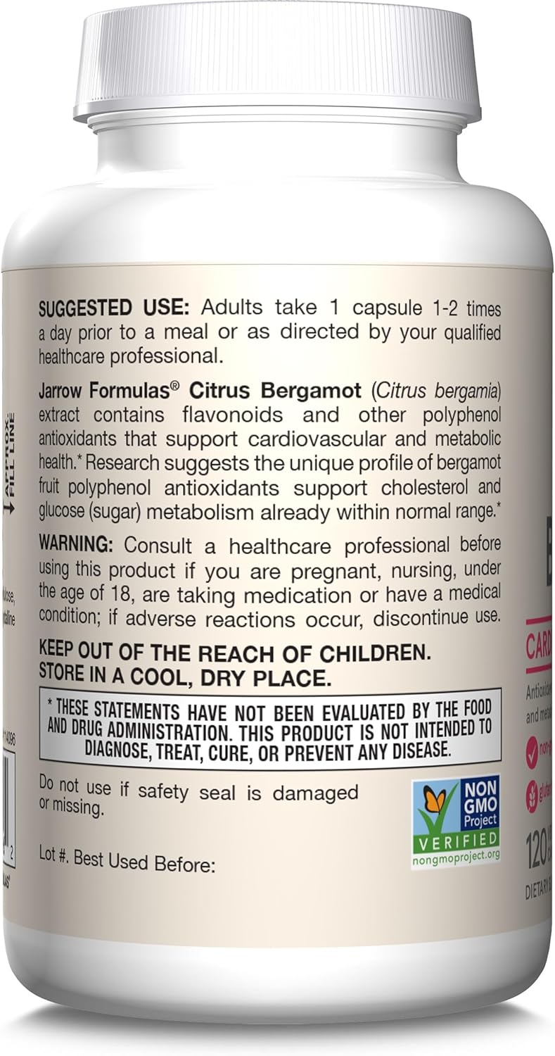 Jarrow Formulas Citrus Bergamot 500mg Veggie Capsules - Antioxidant Support for Heart & Metabolic Health - Gluten Free Dietary Supplement - 120 Servings