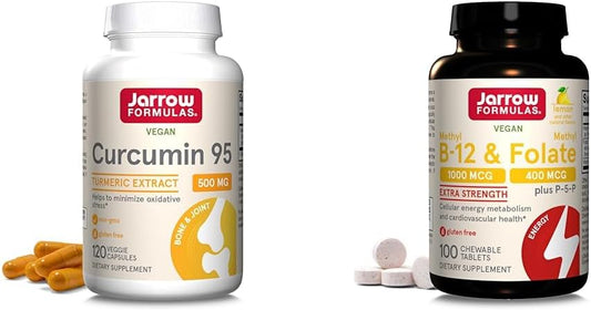 Jarrow Formulas Curcumin 95 500mg Veggie Caps - 120 Servings, Extra Strength Methyl B-12 1000 mcg, Methyl Folate 400 mcg, P-5-P