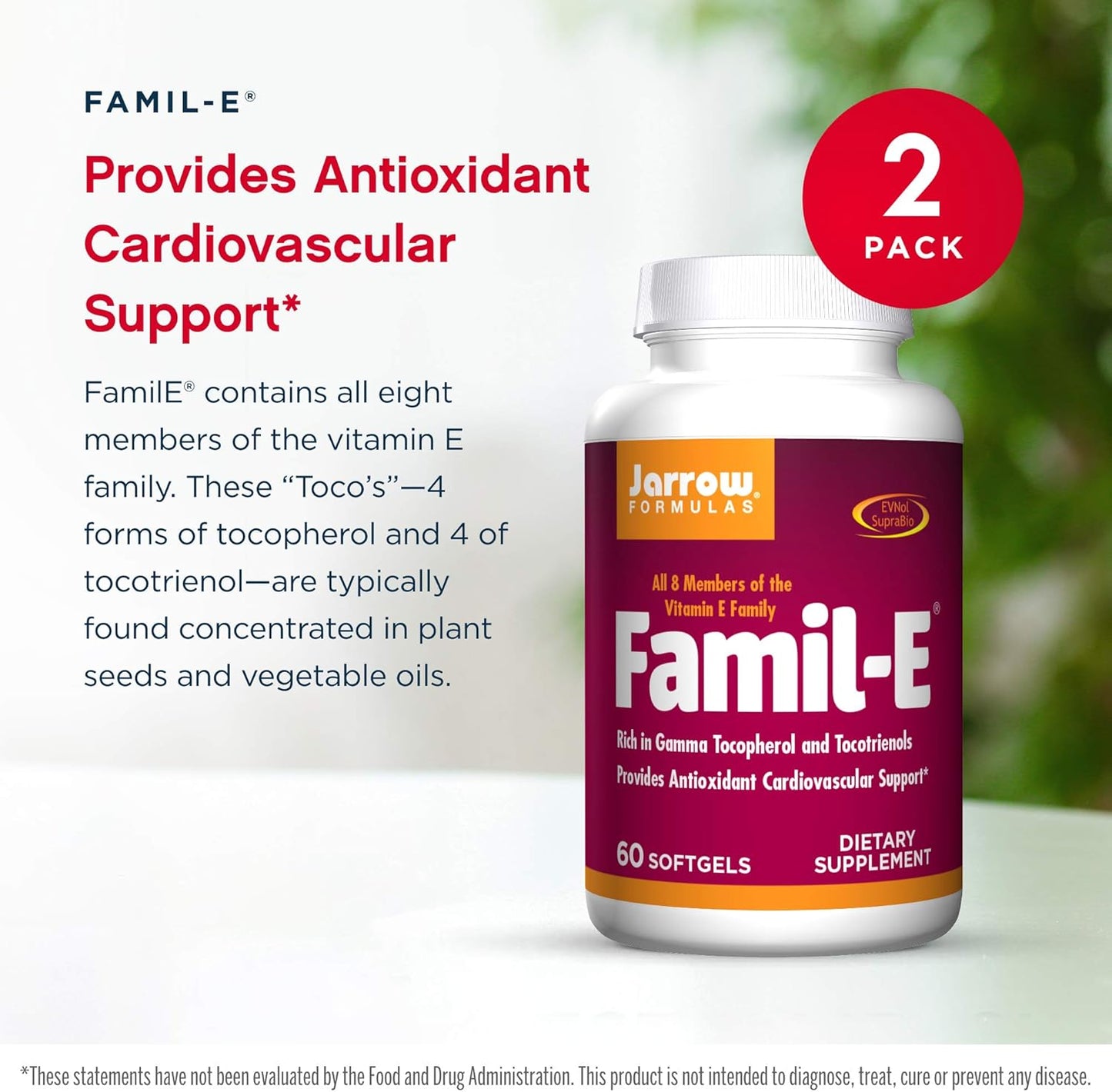 Jarrow Formulas Famil-E Softgels - 2 Pack for Heart Health - Vitamin E Family with Gamma Tocopherol - 120 Servings