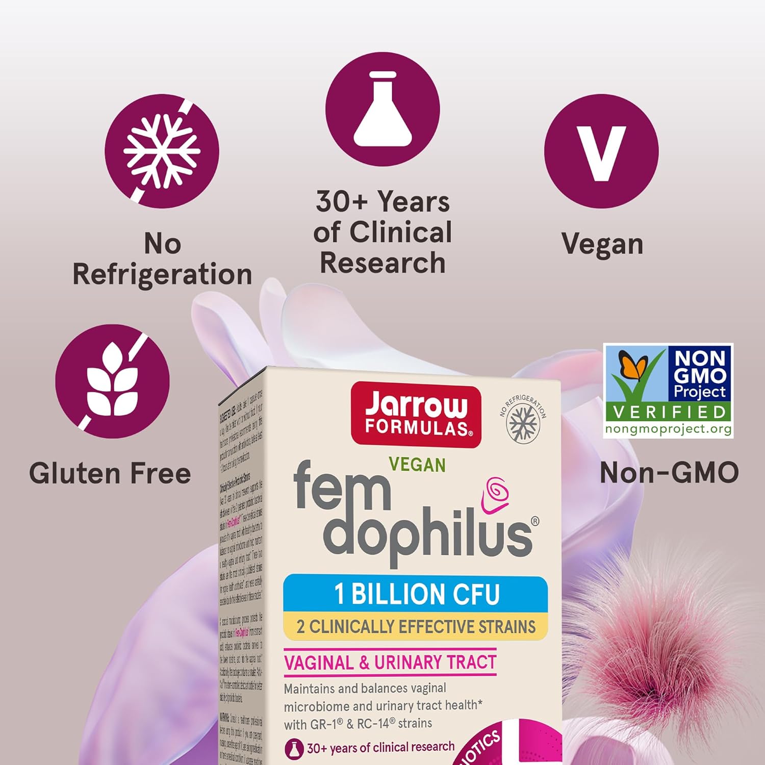 Jarrow Formulas Fem-Dophilus Probiotics: 1 Billion CFU, 2 Strains, Vaginal & Urinary Tract Support, 30 Capsules