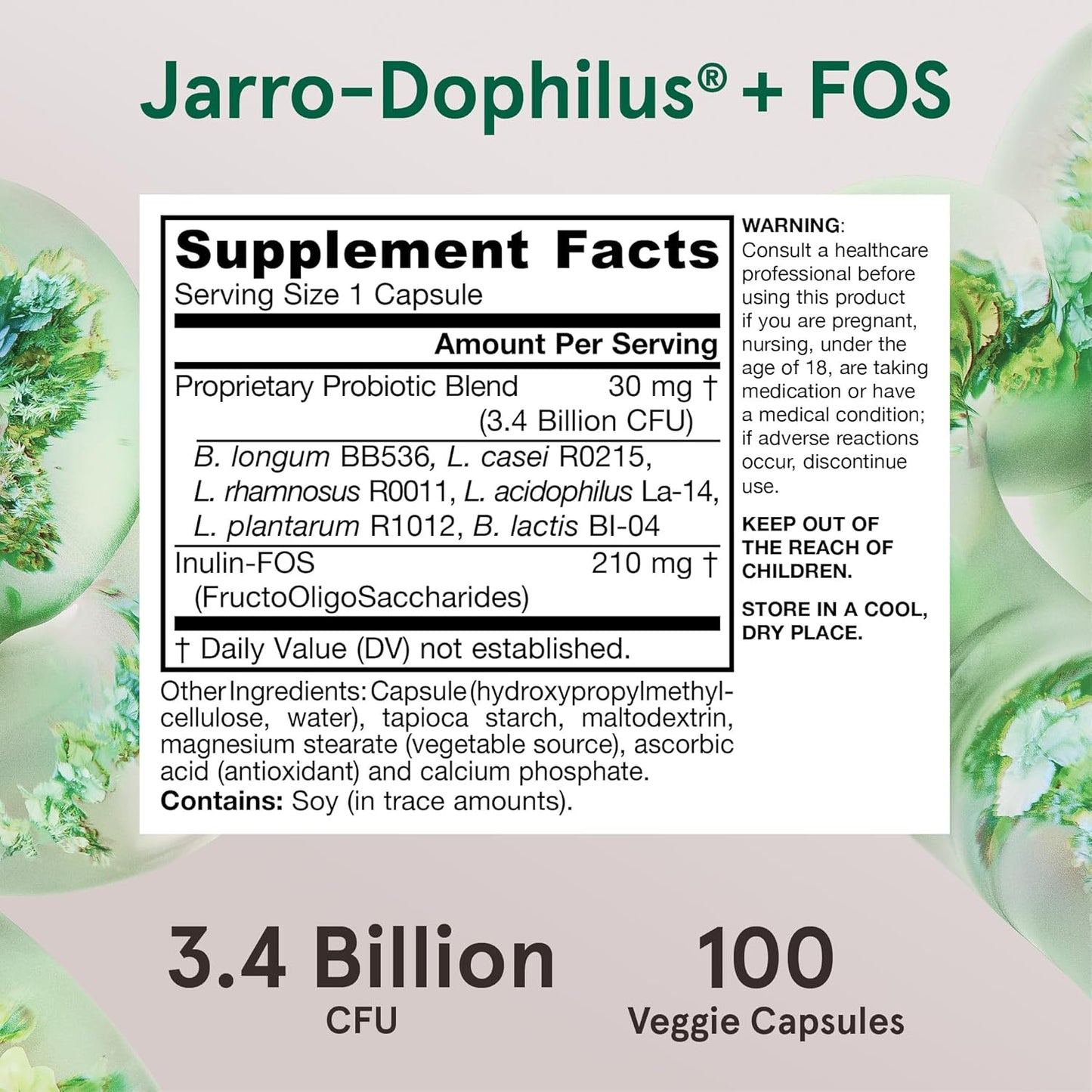 Jarrow Formulas Jarro-Dophilus + FOS - Prebiotic & Probiotic Supplement - 3.4 Billion CFU - Immune & Intestine Support - 100 Servings
