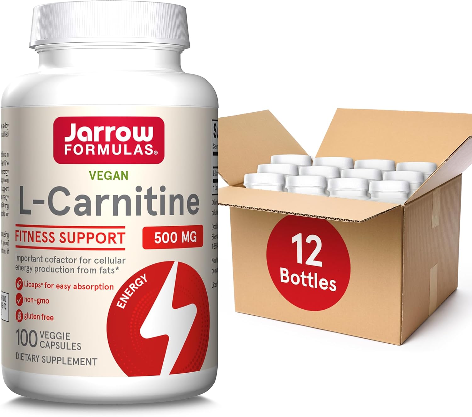 Jarrow Formulas L-Carnitine 500 mg - 100 Veggie Licaps - Vegan Energy Production Supplement - Pack of 12