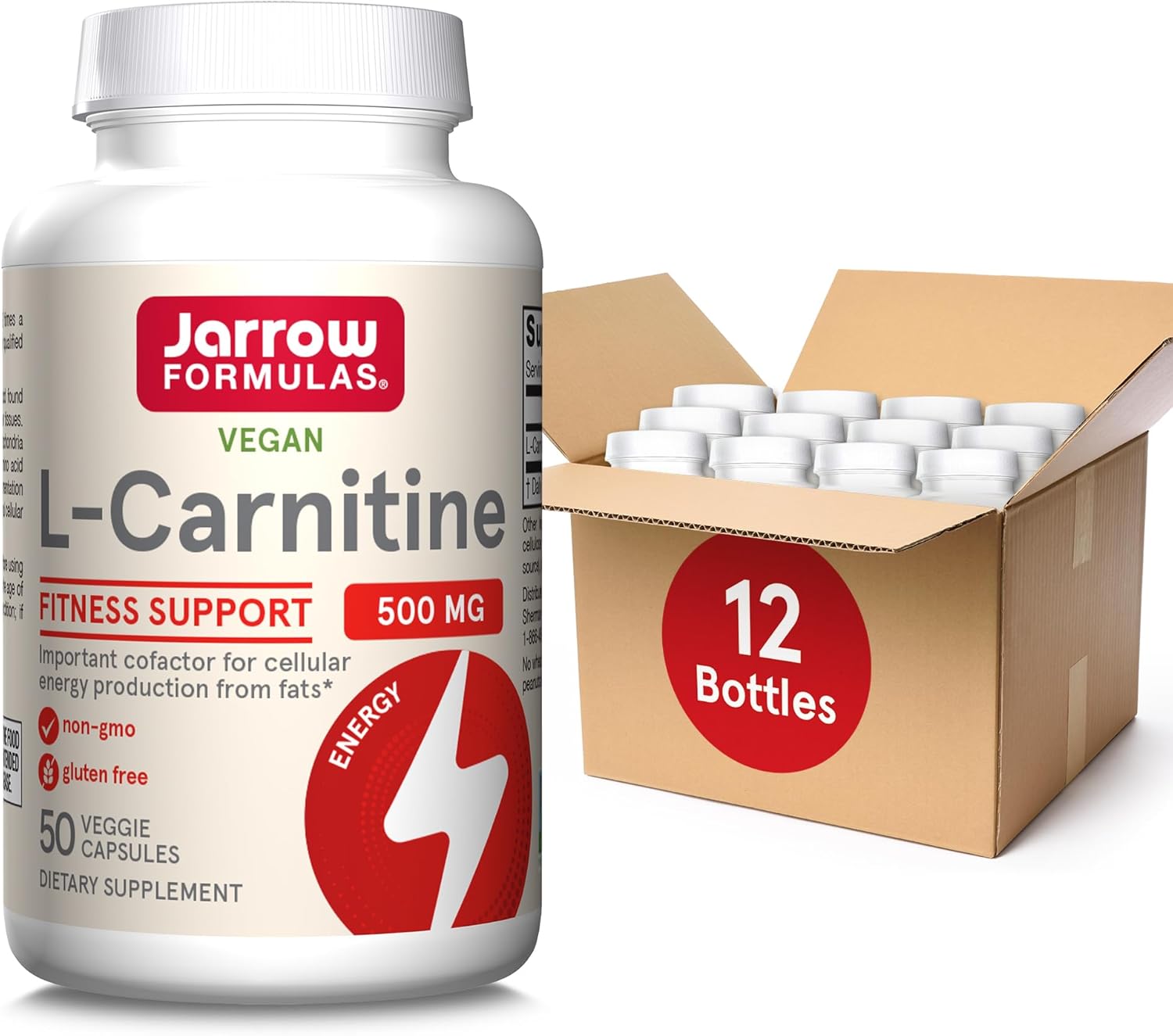 Jarrow Formulas L-Carnitine 500 mg Veggie Capsules - 600 Count, Dietary Supplement for Cellular Energy Production