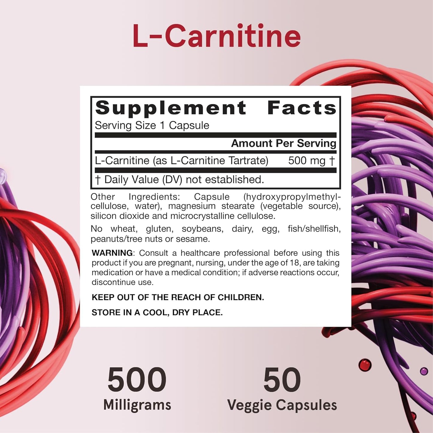 Jarrow Formulas L-Carnitine 500 mg Veggie Capsules - 600 Count, Dietary Supplement for Cellular Energy Production
