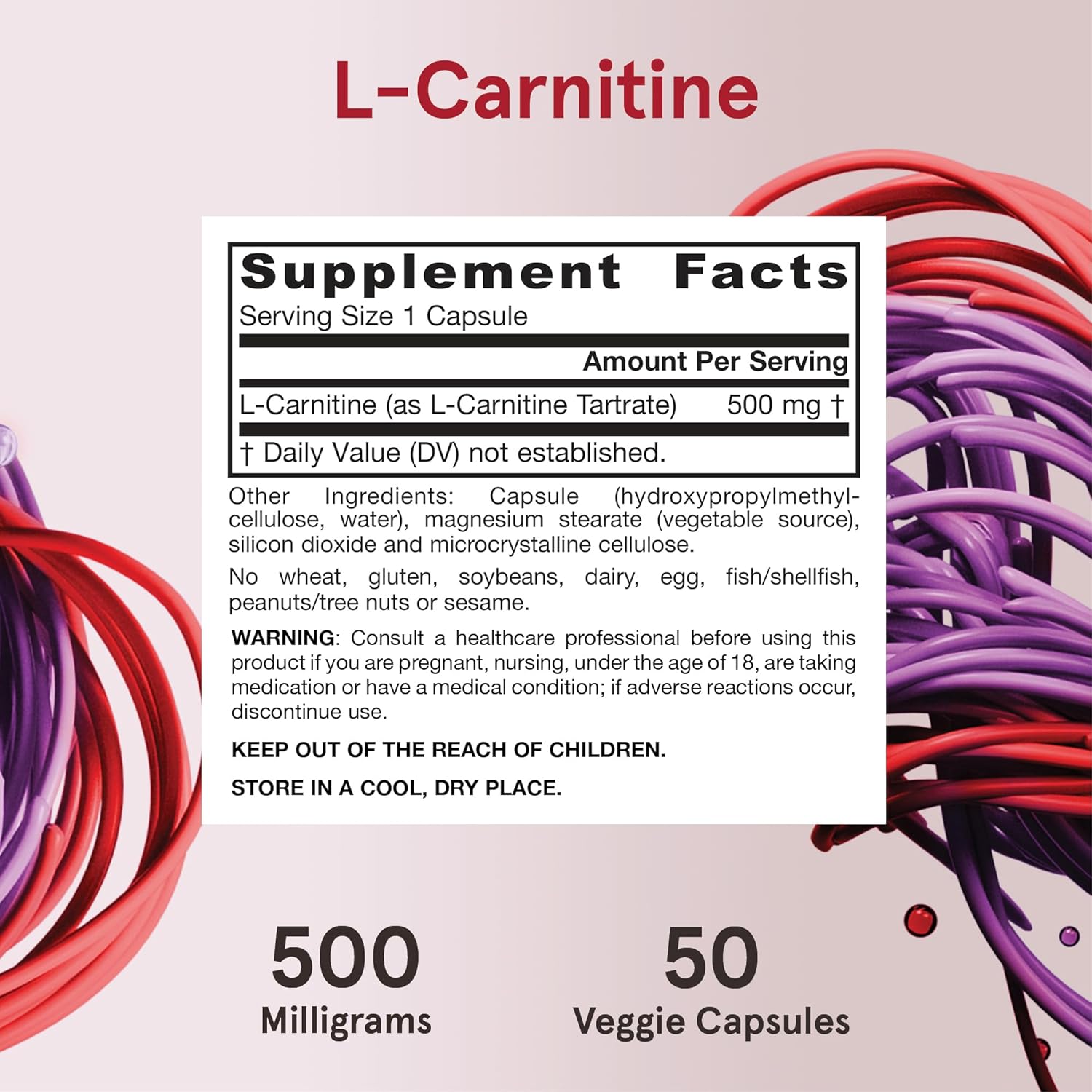 Jarrow Formulas L-Carnitine 500 mg Veggie Capsules - 600 Count, Dietary Supplement for Cellular Energy Production