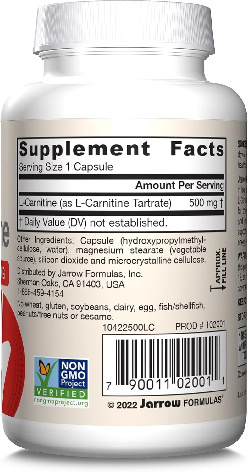 Jarrow Formulas L-Carnitine 500 mg Veggie Capsules - 600 Count, Dietary Supplement for Cellular Energy Production