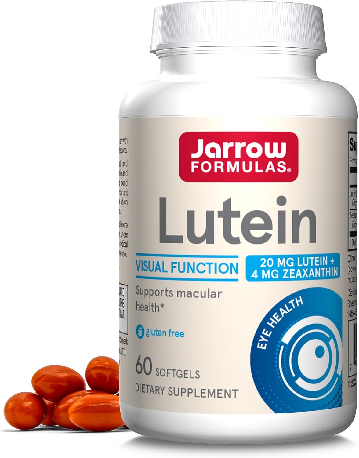 Jarrow Formulas Lutein 20mg and Zeaxanthin Softgels for Visual Function and Macular Health Support - 60 Day Supply