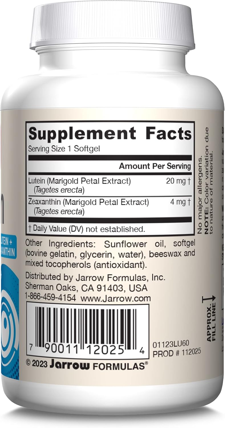 Jarrow Formulas Lutein 20mg and Zeaxanthin Softgels for Visual Function and Macular Health Support - 60 Day Supply