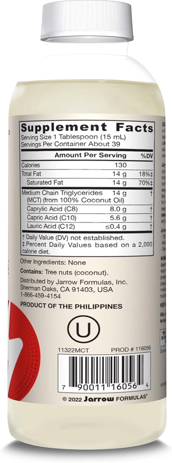 Jarrow Formulas MCT Oil - 20 fl oz Liquid Dietary Supplement for Quick Energy on Ketogenic Diets - 39 Day Supply