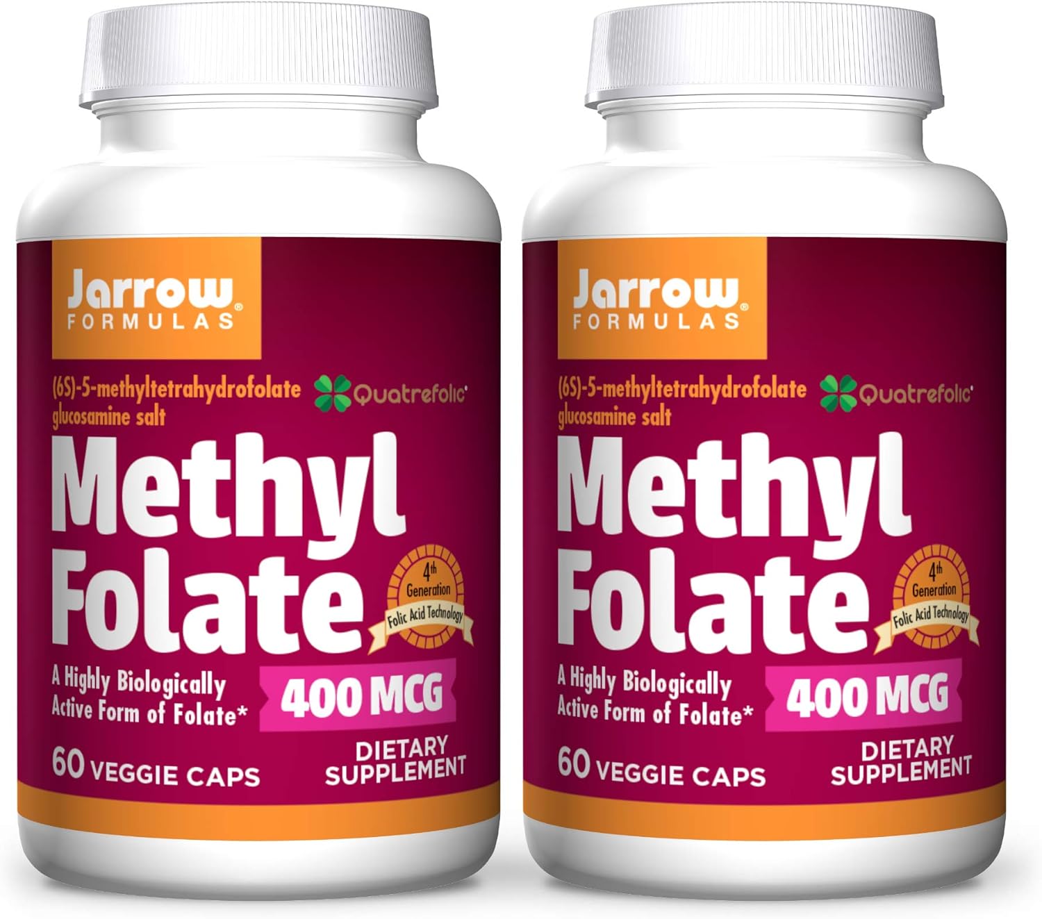Jarrow Formulas Methyl Folate 400 mcg - 60 Veggie Caps x 2 - Highly Active Folate - 4th Gen Folic Acid - 120 Servings