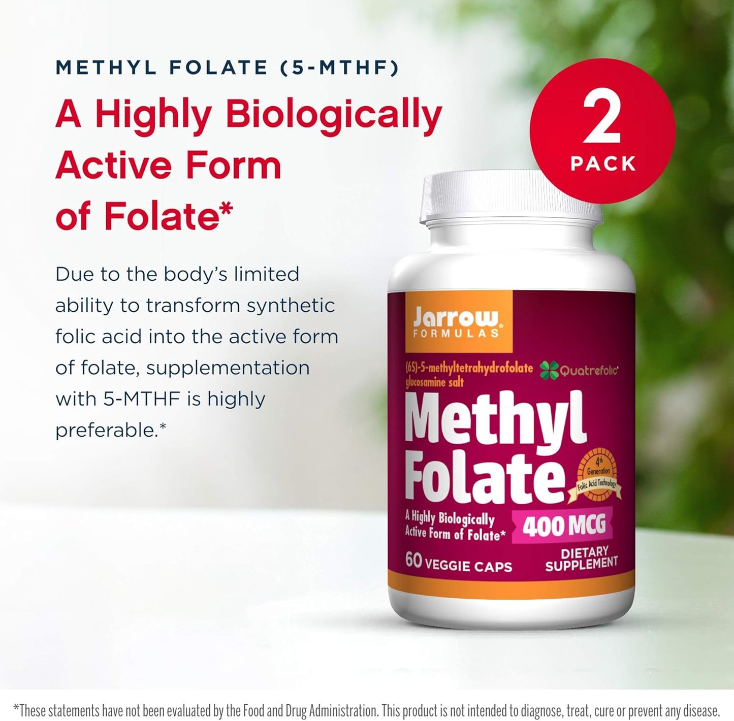 Jarrow Formulas Methyl Folate 400 mcg - 60 Veggie Caps x 2 - Highly Active Folate - 4th Gen Folic Acid - 120 Servings