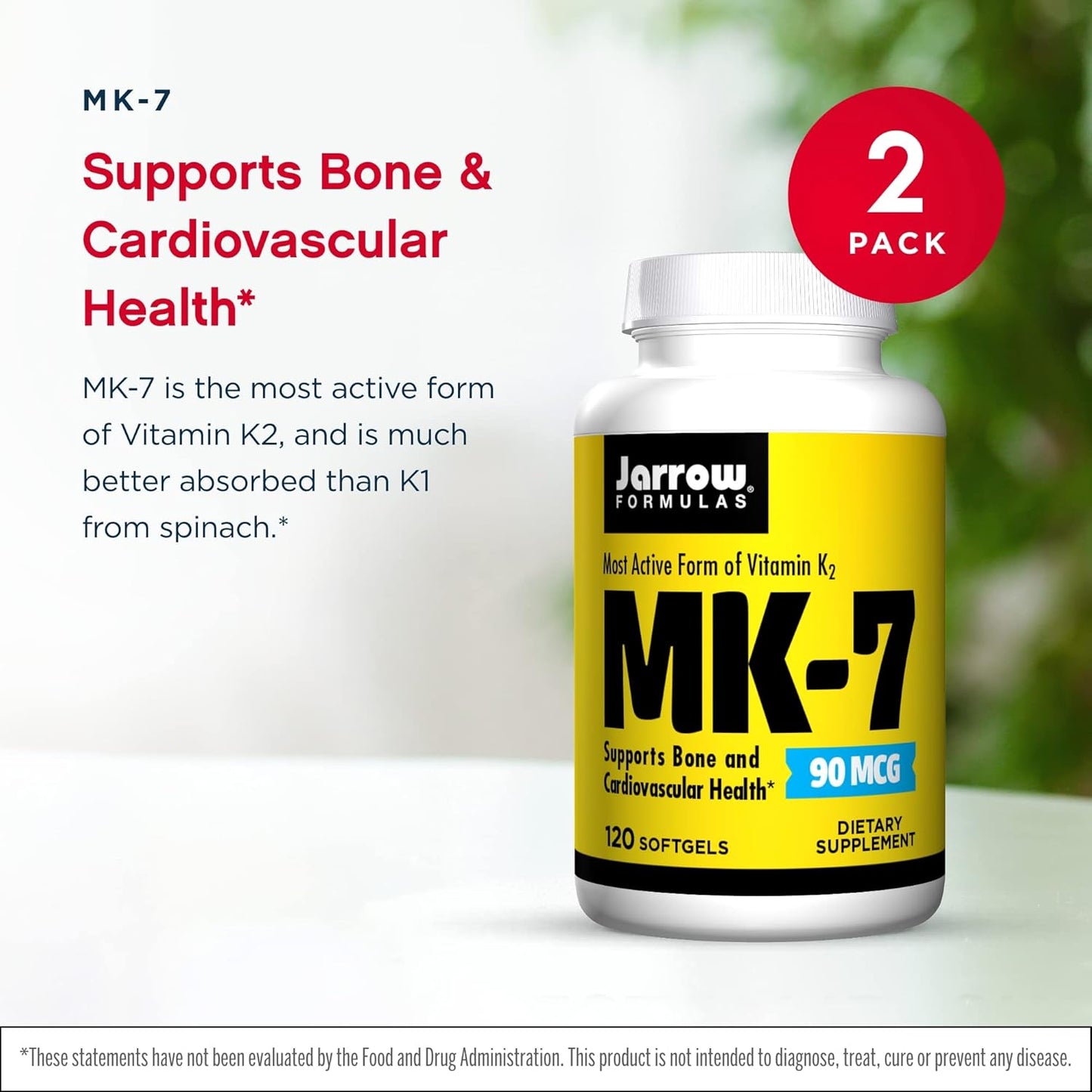 Jarrow Formulas MK-7 90 mcg Softgels - 240 Servings, Pack of 2 - Vitamin K for Bone Health and Heart Support